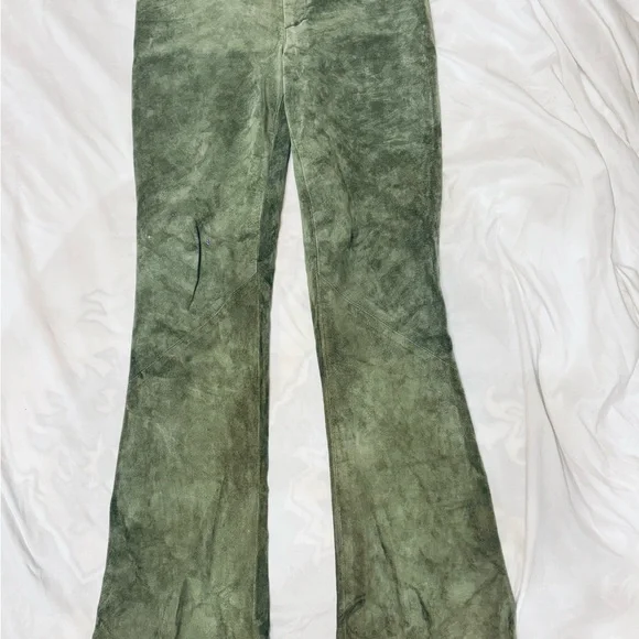 Green Flared Women's Leather Pants - Picture 2 of 7
